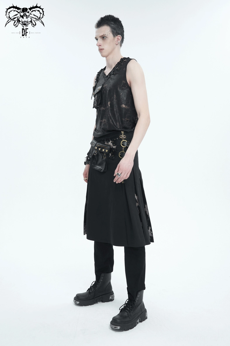 Close-up detail of studded leather waist bag attachment to tie-dye gothic kilt showing metal stud hardware and construction quality
