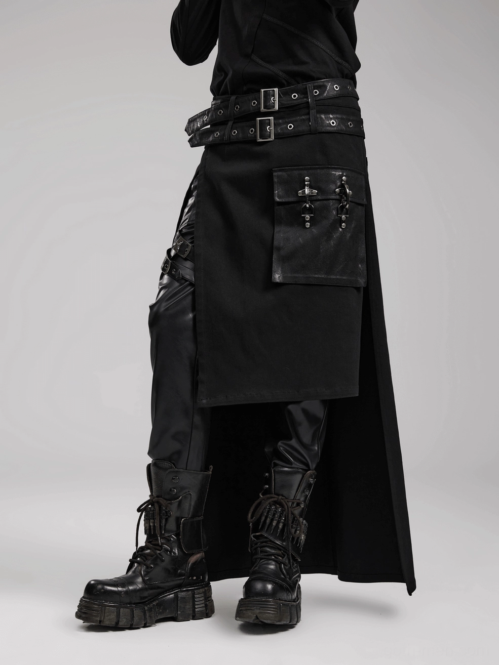 Black Gothic Asymmetrical Utility Kilt three-quarter view showcasing layered design and proportions