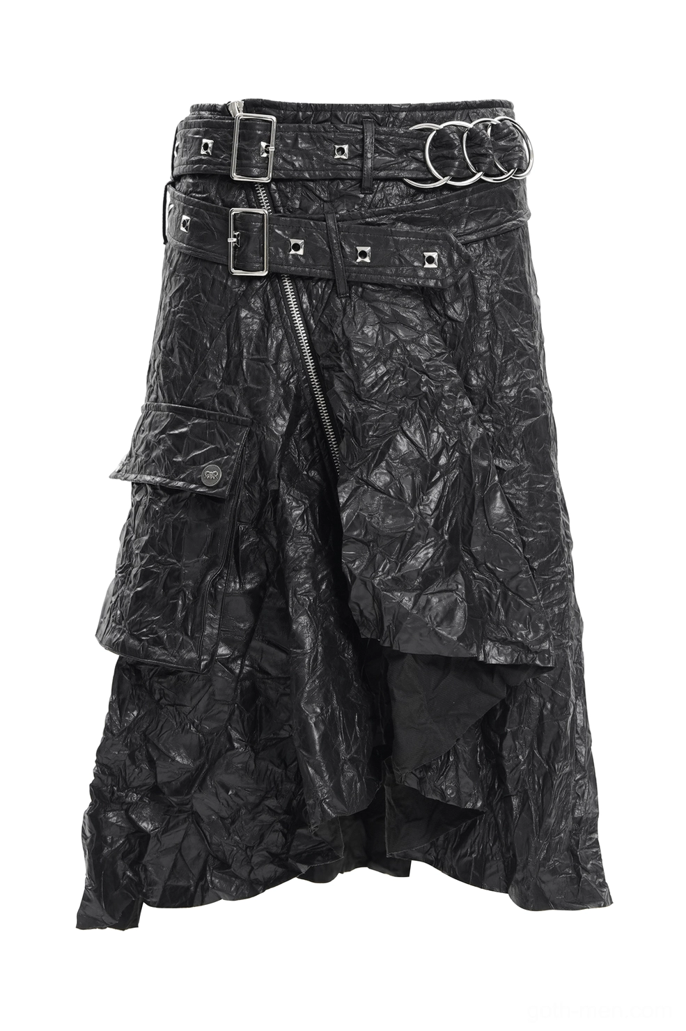 Black crinkled leather gothic kilt front cropped detail showing asymmetric layered hem and multi-buckle waist design on male model