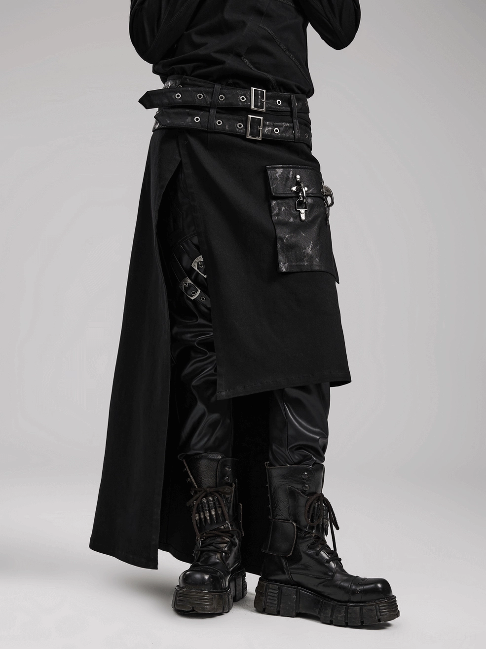 Black Gothic Asymmetrical Utility Kilt waist and hip area detail showing fit and silhouette