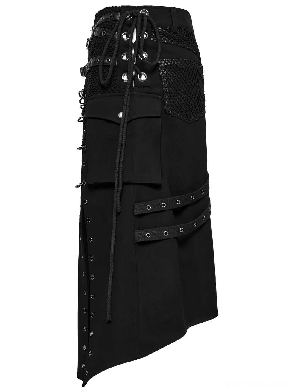 Gothic Mens Kilt - Side Flat Lay Showing Lace-Up Waist Closure with Multiple Metal Eyelets and Decorative Straps