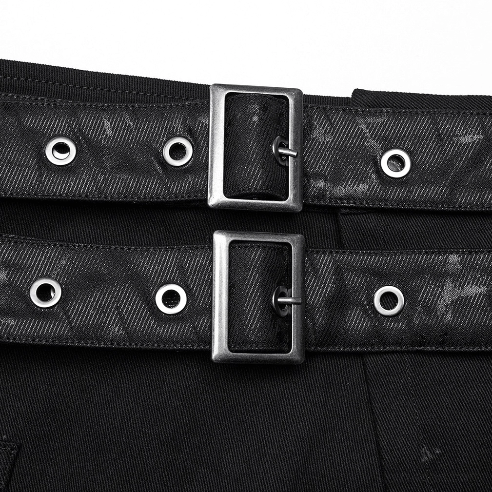 Close-up detail of Black Gothic Kilt waistband with branded metal snap buttons and woven fabric texture