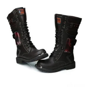 Gothic alternative boots with side decorative pocket and metal reinforcements - side profile view