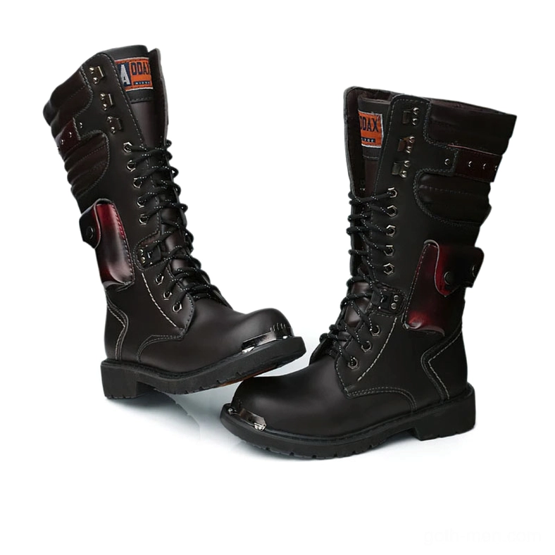 Gothic alternative boots with side decorative pocket and metal reinforcements - side profile view
