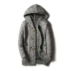 Light heather gray marled knit hooded cardigan with toggle closures, flat lay studio shot