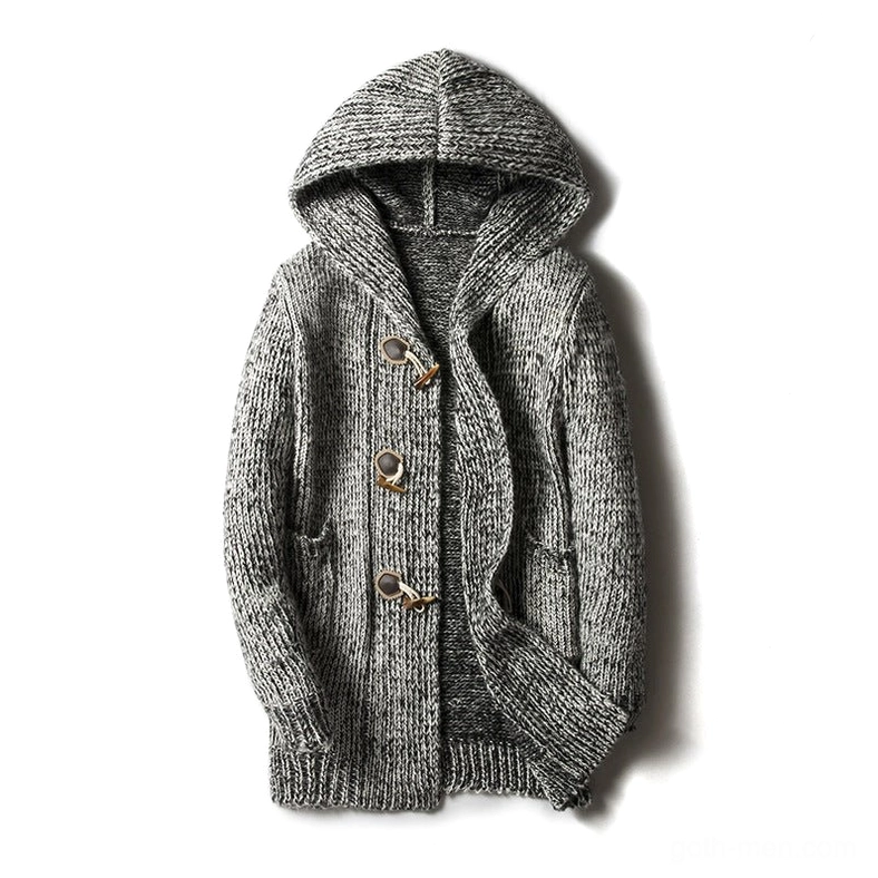 Light heather gray marled knit hooded cardigan with toggle closures, flat lay studio shot
