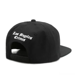 Back view of black gothic snapback cap showing Los Angeles Crimes embroidery and plastic adjustable buckle closure