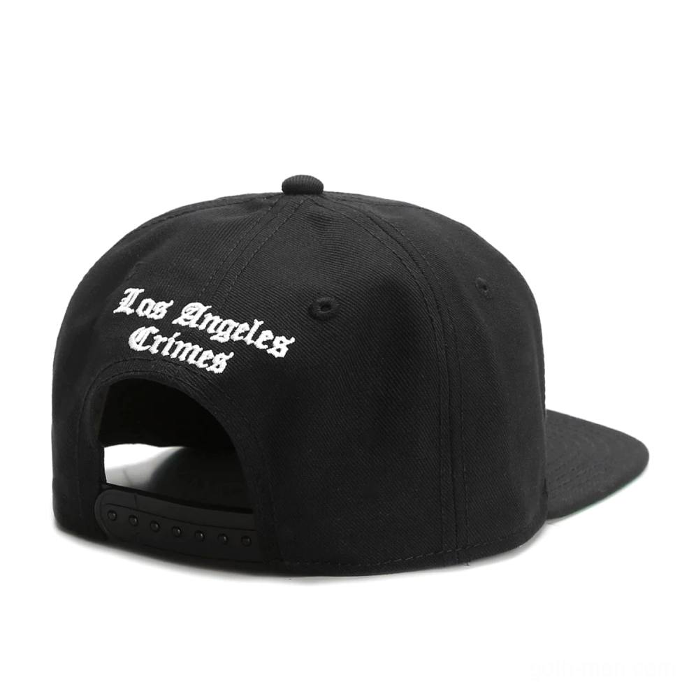 Back view of black gothic snapback cap showing Los Angeles Crimes embroidery and plastic adjustable buckle closure