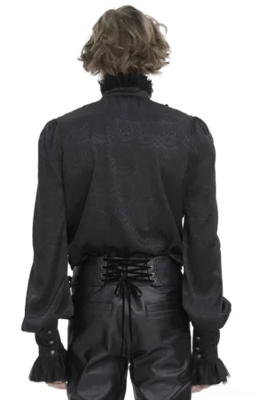 Victorian gothic lace shirt back view on model showing structured puffed sleeves and ruffled hem