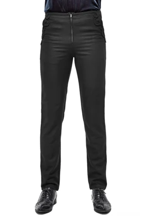 Black gothic lace cargo pants front view with zip closure and side lace pocket detail