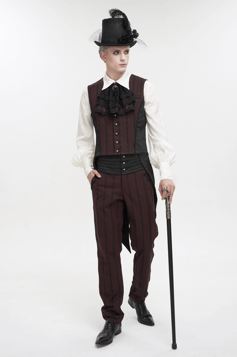 Close-up of black lace gothic cravat showing intricate embroidery, ruffled construction, and wine red underlayer detail
