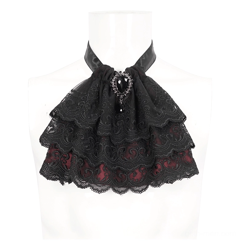 Gothic men's black lace cravat on mannequin torso, double ruffled lace with wine red underlayer and ornate gem pendant