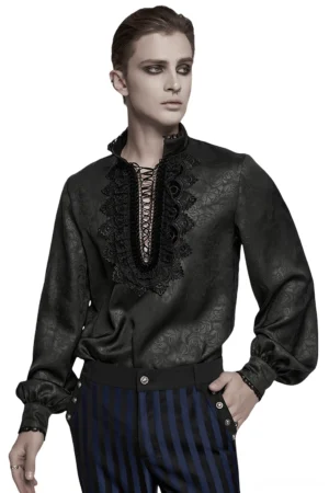 Black gothic lace front drawstring shirt with stand-up collar, front three-quarter view on male model in studio setting
