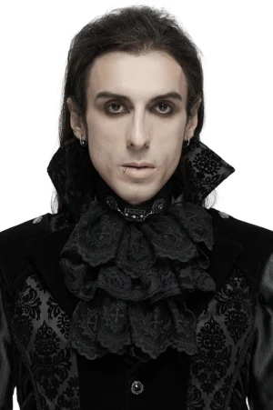 Black lace gothic jabot collar front close-up view on male model, featuring layered ruffled embroidered mesh and ornate metal buttons