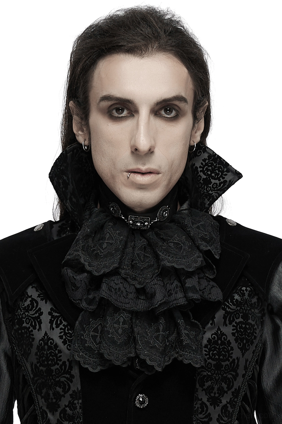 Black lace gothic jabot collar front close-up view on male model, featuring layered ruffled embroidered mesh and ornate metal buttons