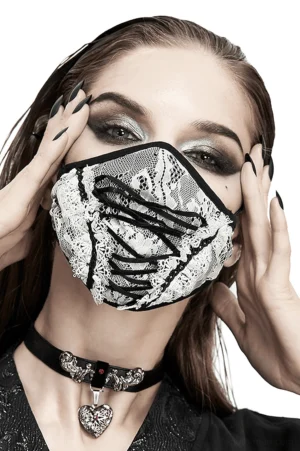 Gothic white lace face mask with black lace-up corset front and heart-shaped choker detail, front close-up portrait view