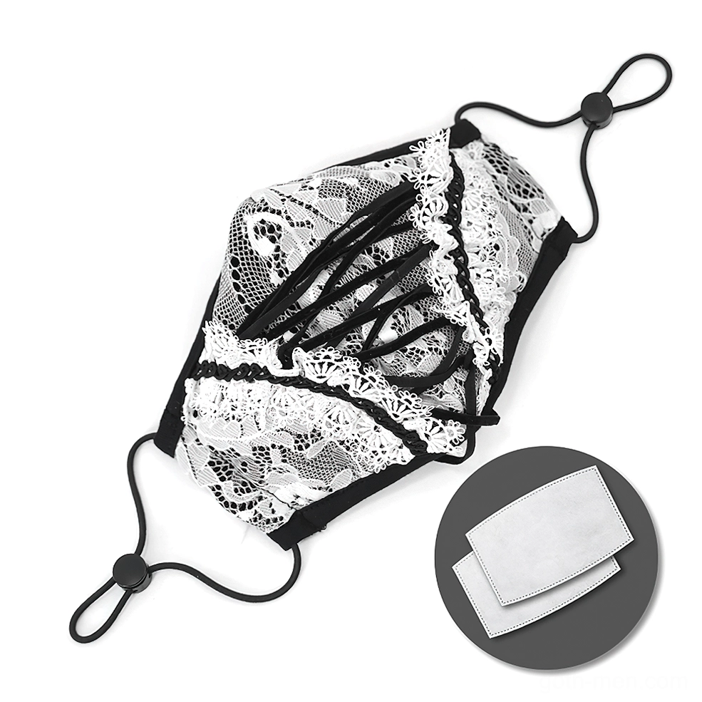 Gothic face mask with removable filter pads and adjustable ear loops, white lace with black borders product shot