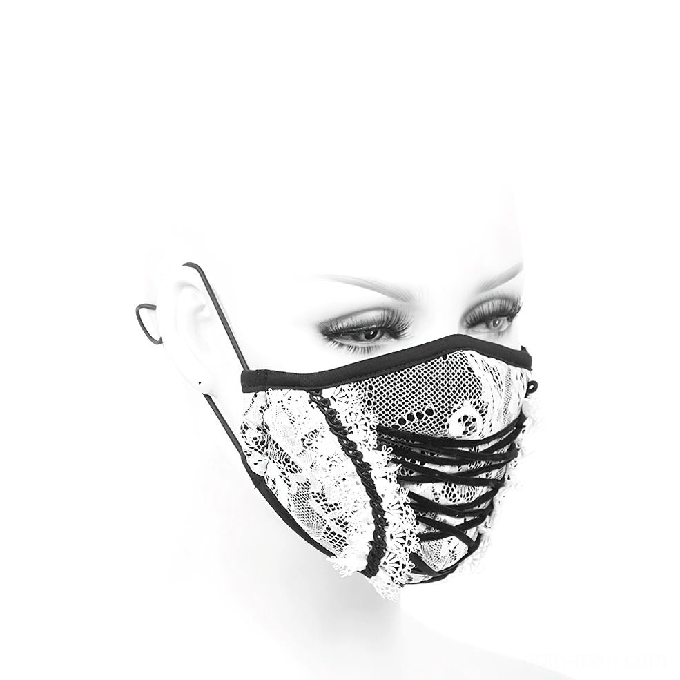 Side profile of white gothic lace face mask displaying black lace-up front and refined structural design on mannequin
