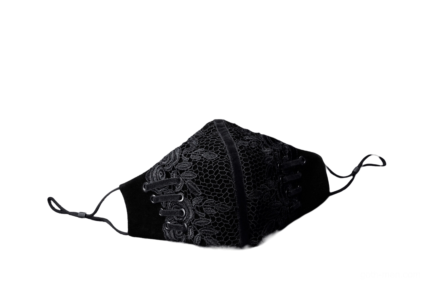 Three-quarter side angle of gothic black lace mask for men, showcasing adjustable ear loops and ornate rope trim details