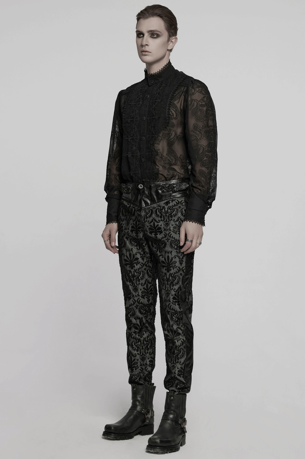 Alternative styling perspective of black gothic lace trousers demonstrating versatile wear options