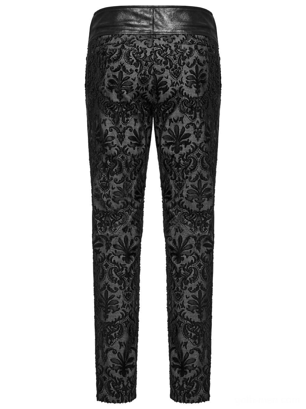 Rear flat lay of gothic embroidered lace pants displaying intricate damask pattern and leather waist panel