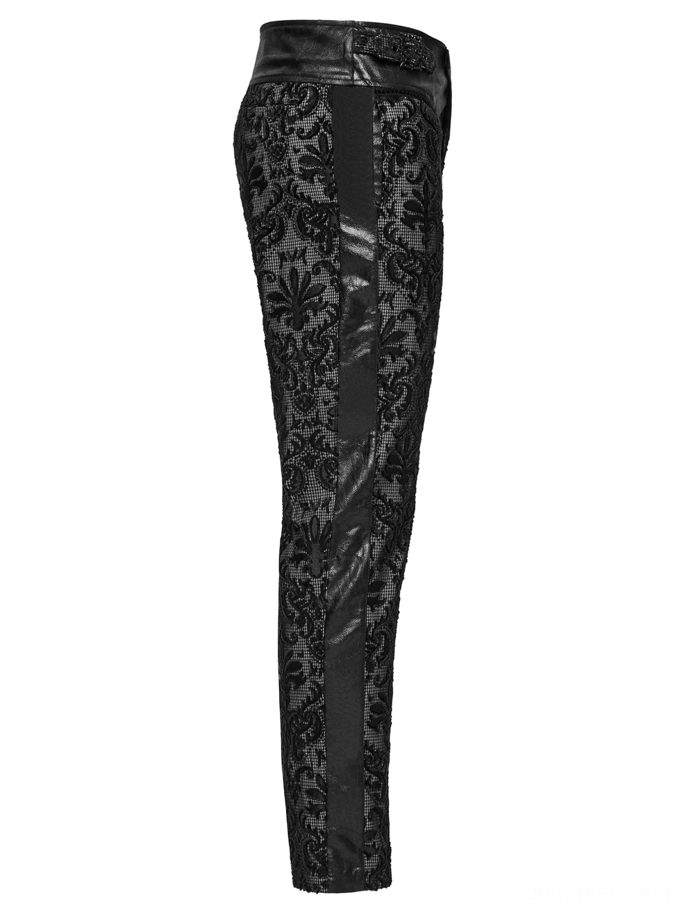 Side flat lay of gothic slim-fit lace pants showing leather stripe detail and tapered leg cut