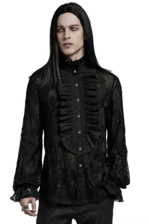 Black lace gothic ruffled shirt front view with floral embroidered lace and ornate stand collar on male model