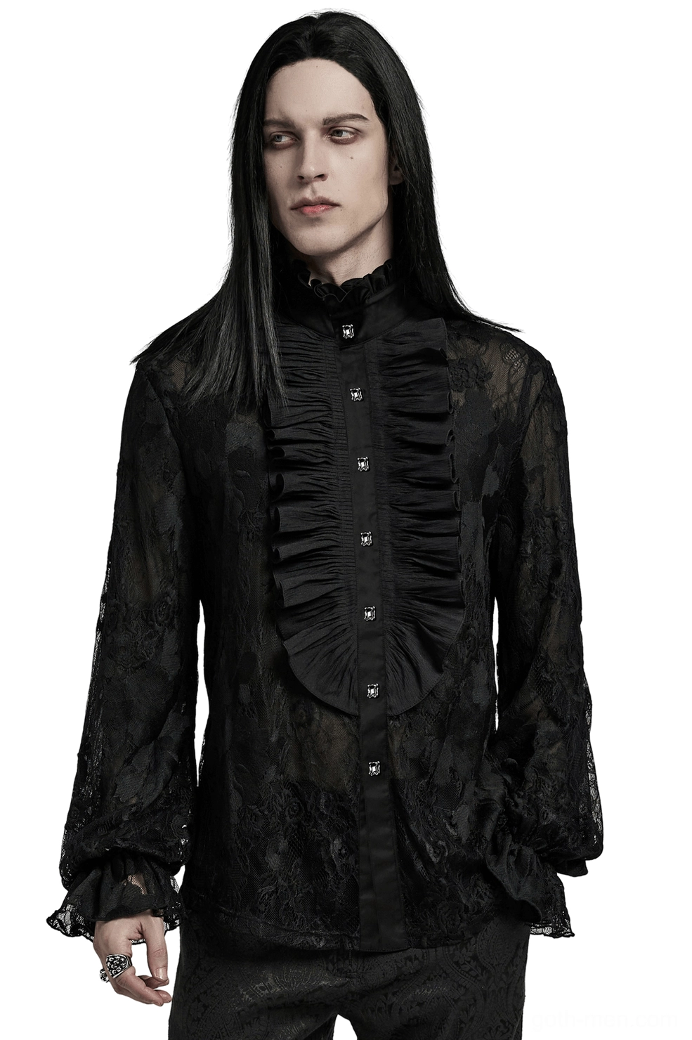 Black lace gothic ruffled shirt front view with floral embroidered lace and ornate stand collar on male model