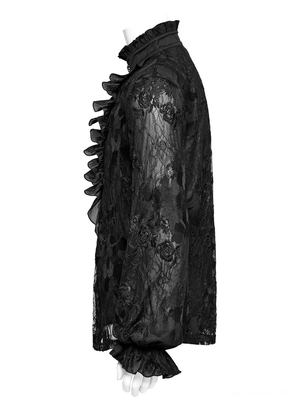 Side view flat lay of black gothic ruffled lace shirt displaying draped bishop sleeves and ruffled cuffs
