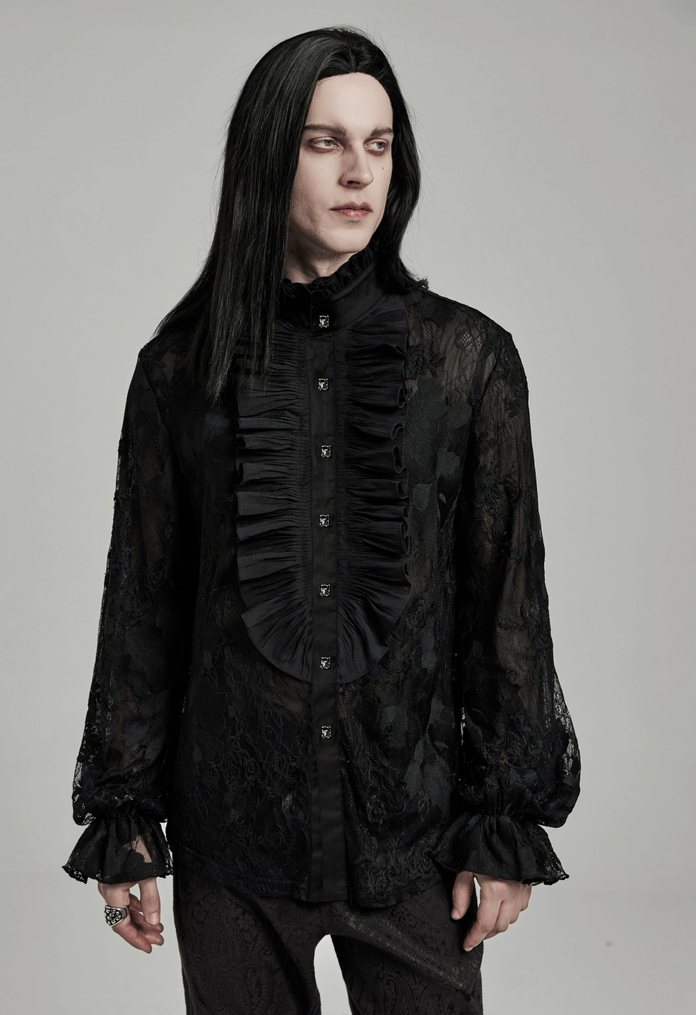 Additional styling view of black gothic lace ruffled shirt demonstrating versatile layering aesthetic options