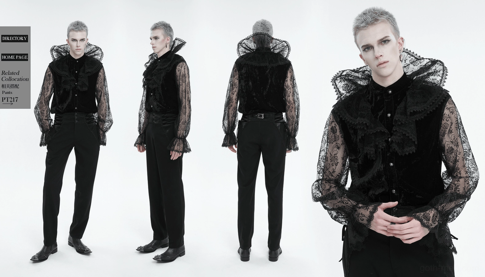 Gothic lace shirt arm detail showing transparent sleeve fabric and cuff design