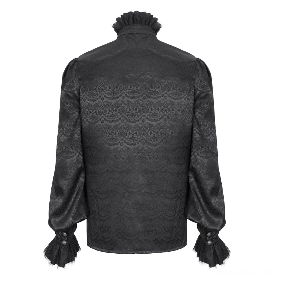 Gothic black lace bishop sleeve shirt back view on mannequin showing structured puffed sleeves and buttoned cuffs