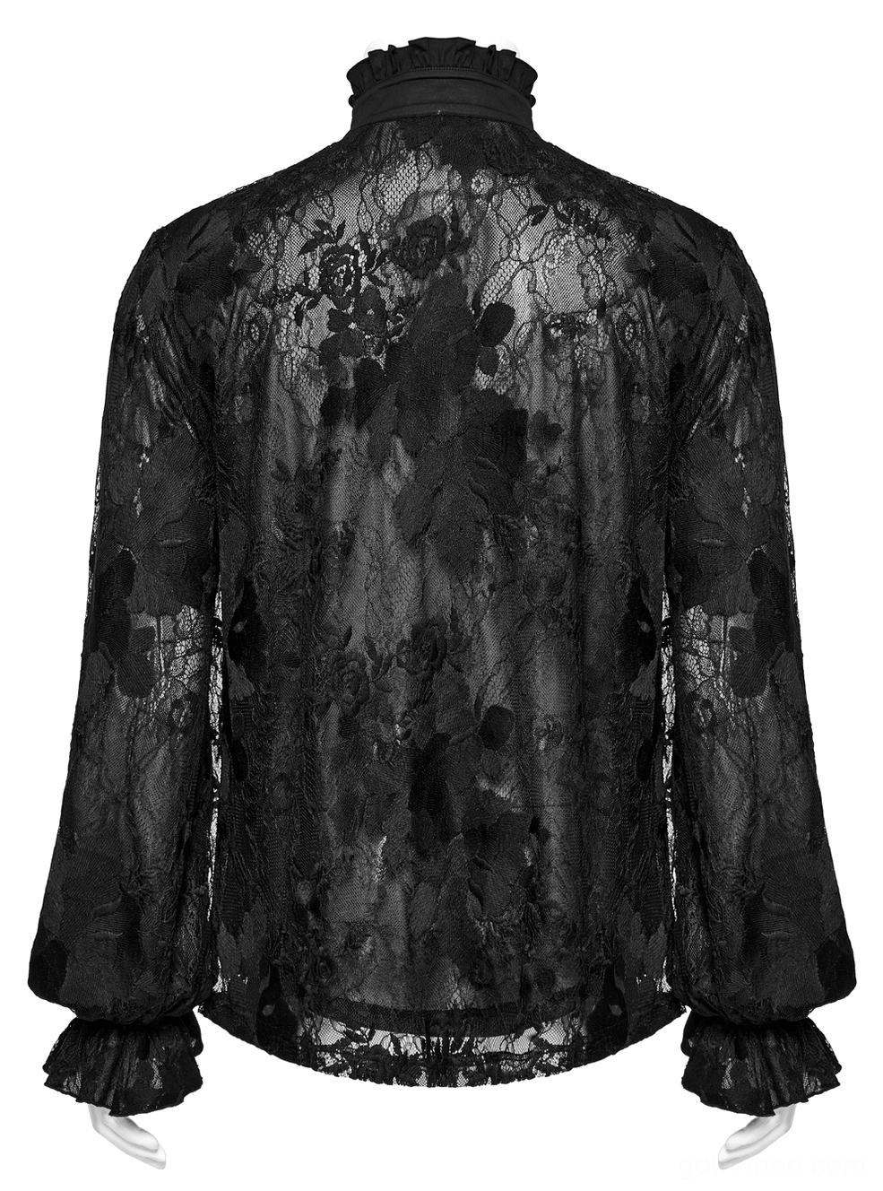 Back flat lay of black gothic lace ruffled shirt showing curved hem and full embroidered lace coverage