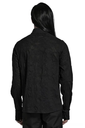 Victorian gothic lace shirt back view featuring all-over black lace texture pattern on male model
