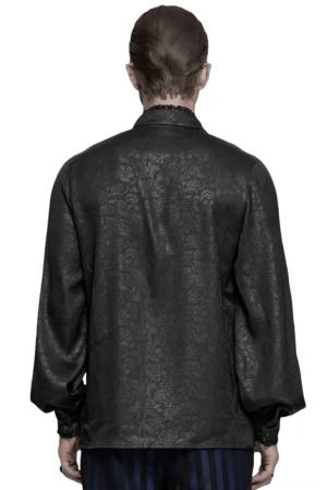 Black gothic shirt rear view showcasing bishop sleeves and jacquard floral pattern with lace details