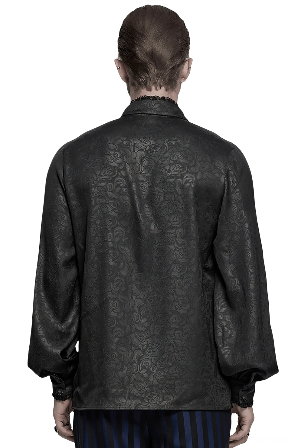 Black gothic shirt rear view showcasing bishop sleeves and jacquard floral pattern with lace details