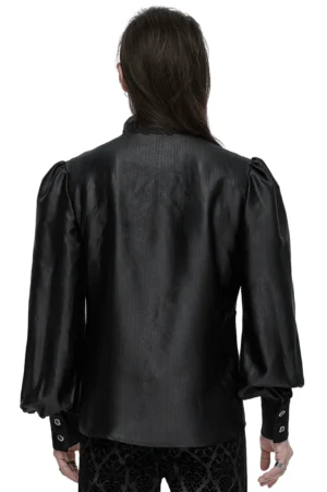 Back view of men's gothic lace shirt showing gathered bubble sleeves and lace trimmed stand collar