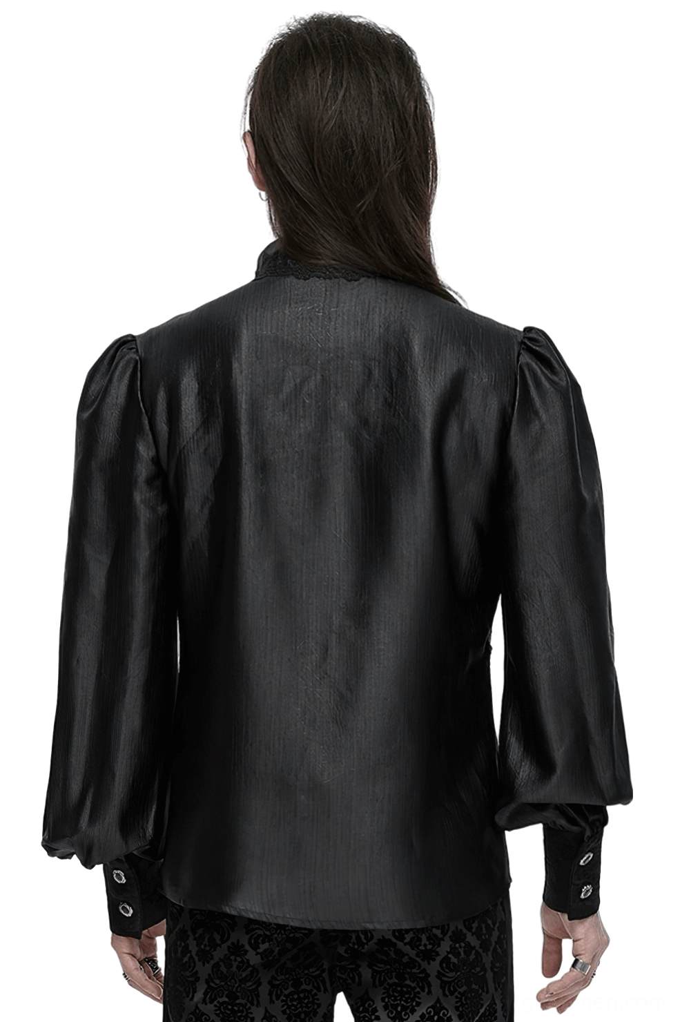 Back view of men's gothic lace shirt showing gathered bubble sleeves and lace trimmed stand collar
