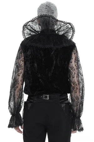Gothic men's lace shirt rear view showing sheer lace sleeves and ruffled back collar detail
