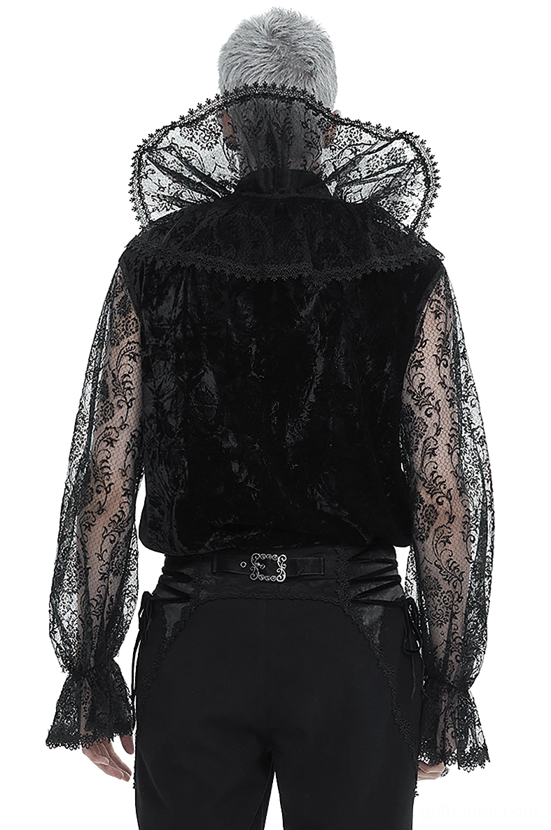 Gothic men's lace shirt rear view showing sheer lace sleeves and ruffled back collar detail