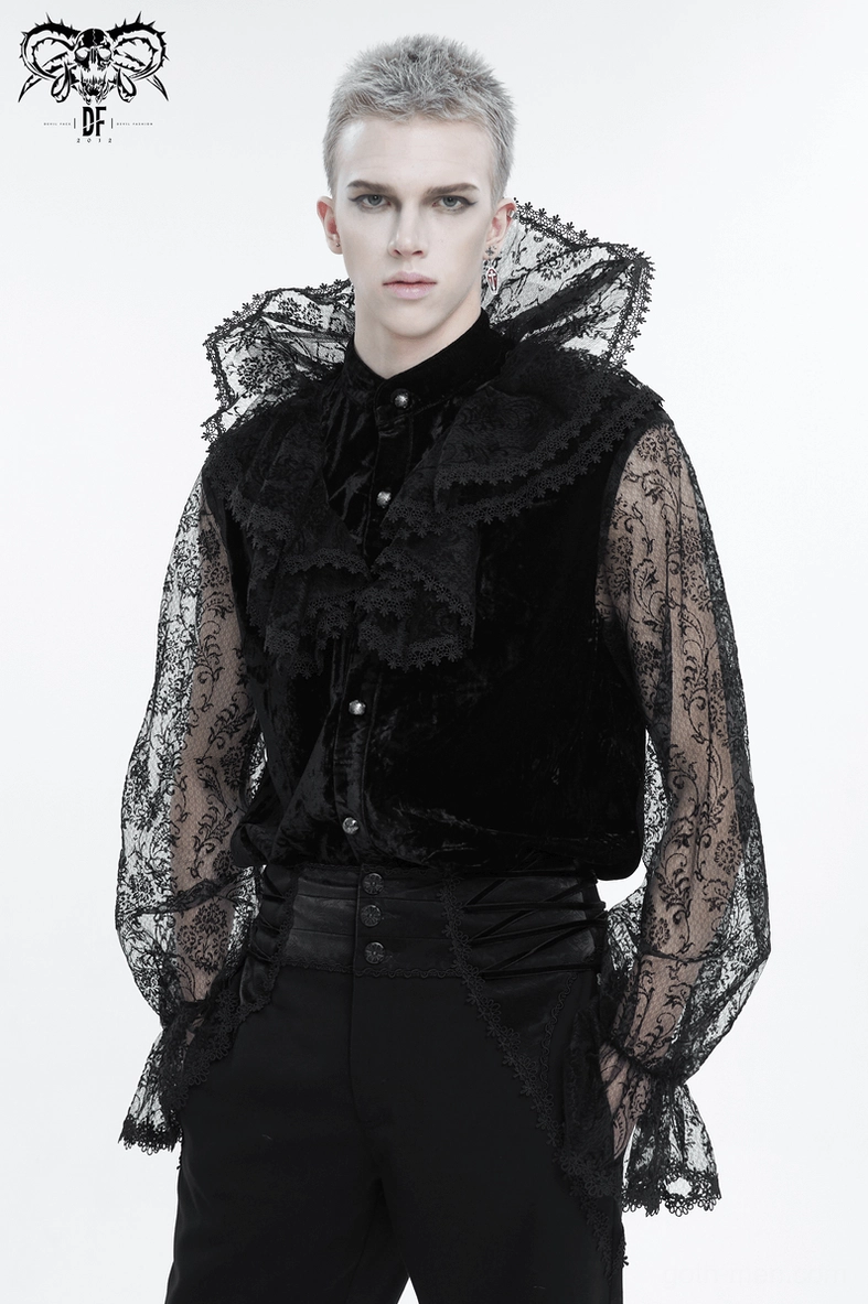 Gothic men's lace shirt complete outfit styling with stand collar and sheer sleeves displayed