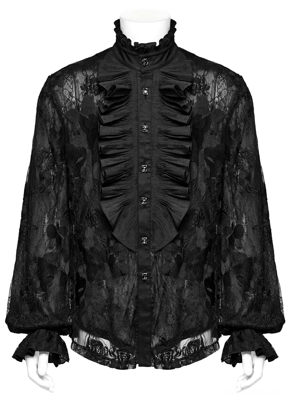 Front flat lay of black gothic lace ruffled shirt showing ornate stand collar and metal square button details