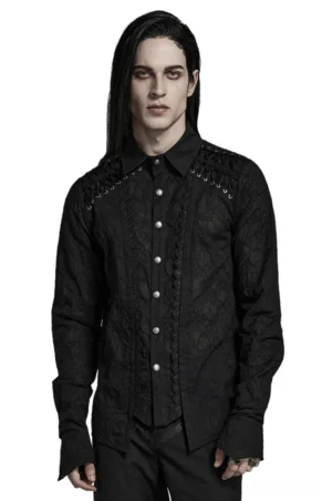 Victorian lace shoulder cord gothic button-up shirt front full-body view on model with black sheer fabric and metal rivet decorations