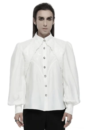 Men's gothic white lace button-up shirt front view with dramatic bubble sleeves and stand collar