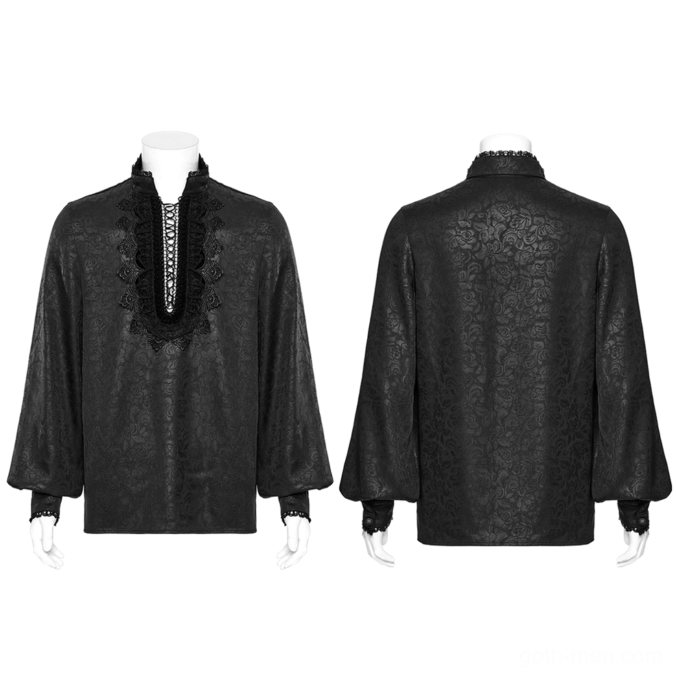 Gothic men's shirt displayed on dress form showing front and rear silhouette with lace-trimmed collar