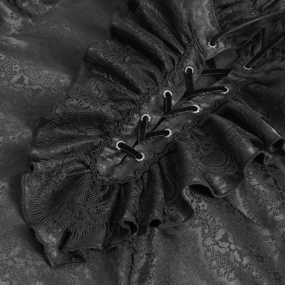 Neckline detail of gothic black lace shirt showing lace-up grommet closure and ruffled lace trim