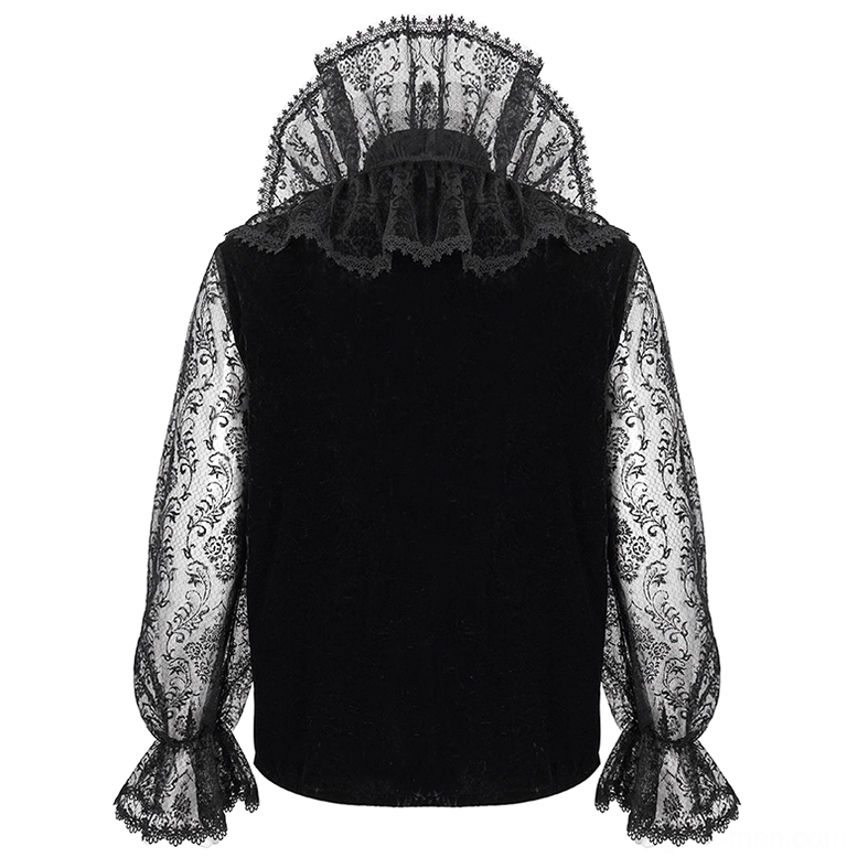 Gothic lace shirt rear view on mannequin showing solid velvet back and sheer sleeve contrast