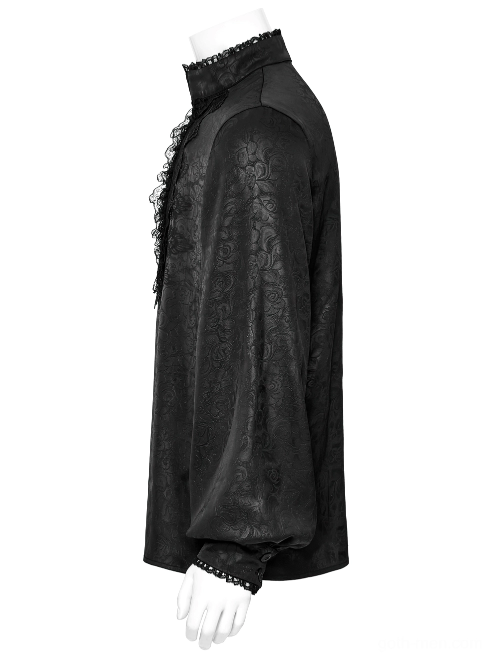Side profile of black gothic lace shirt on dress form showing fitted bishop sleeves and collar trim