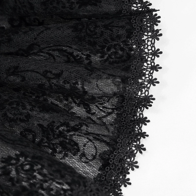 Close-up of gothic lace shirt sleeve cuff featuring flower-shaped scalloped lace edges