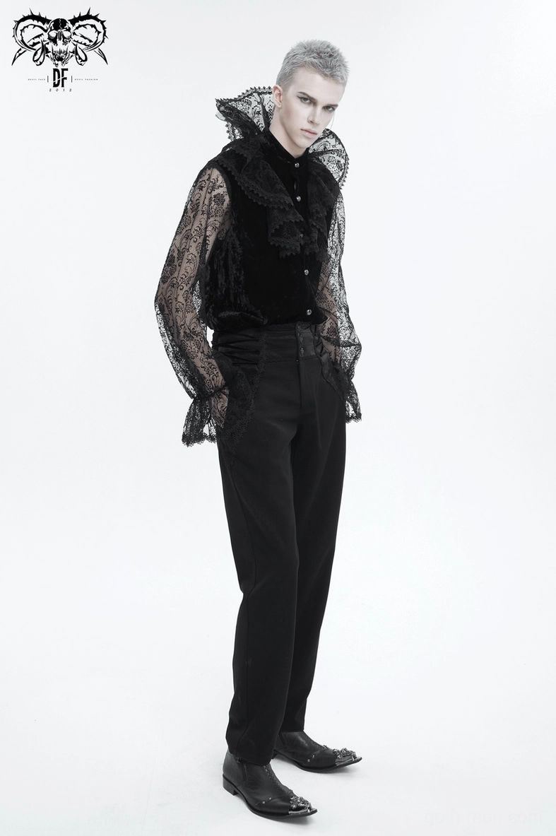 Men's gothic lace shirt three-quarter view emphasizing stand collar and sleeve construction